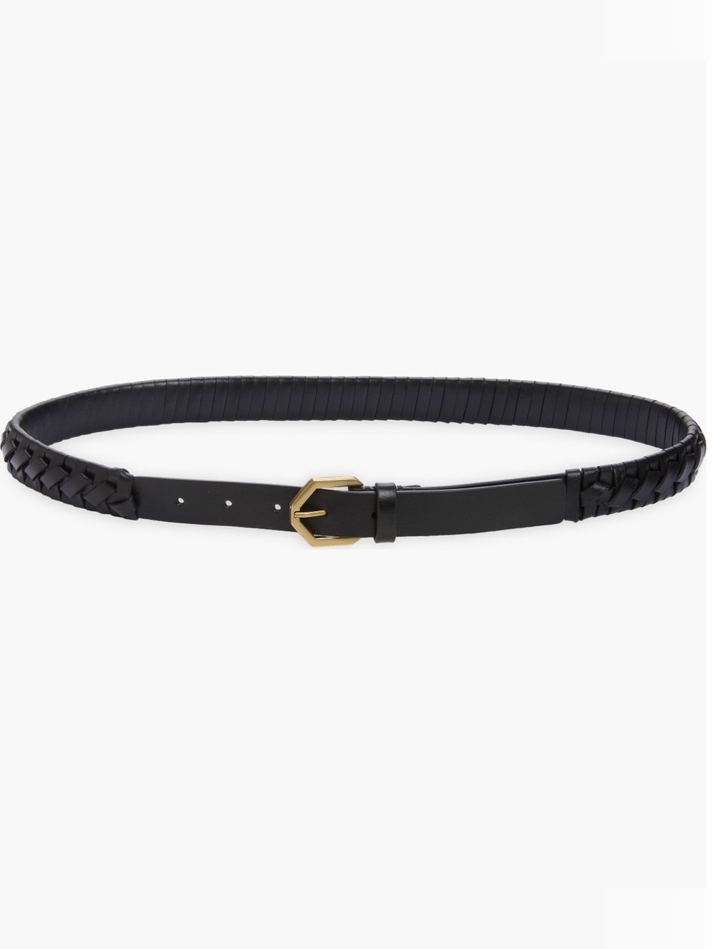 ALLSAINTS Braided Black Leather Belt  and Antique Brass Hexagonal Buckle